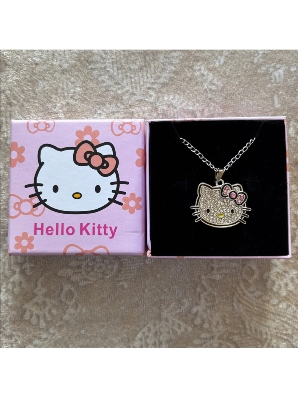Hello Kitty Silver Tone Chain Cubic Zirconia Crystal Pendant Necklace with Box